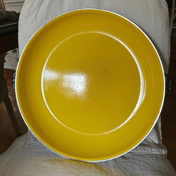 Vintage MCM Enamel Saute Pan w/Handles large yellow black server 14”